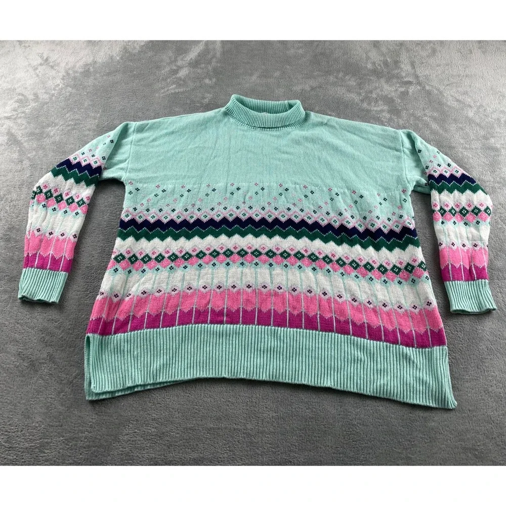Crown & Ivy Womens Mint Green Fair Isle Mock Neck Knit Sweater Size Medium